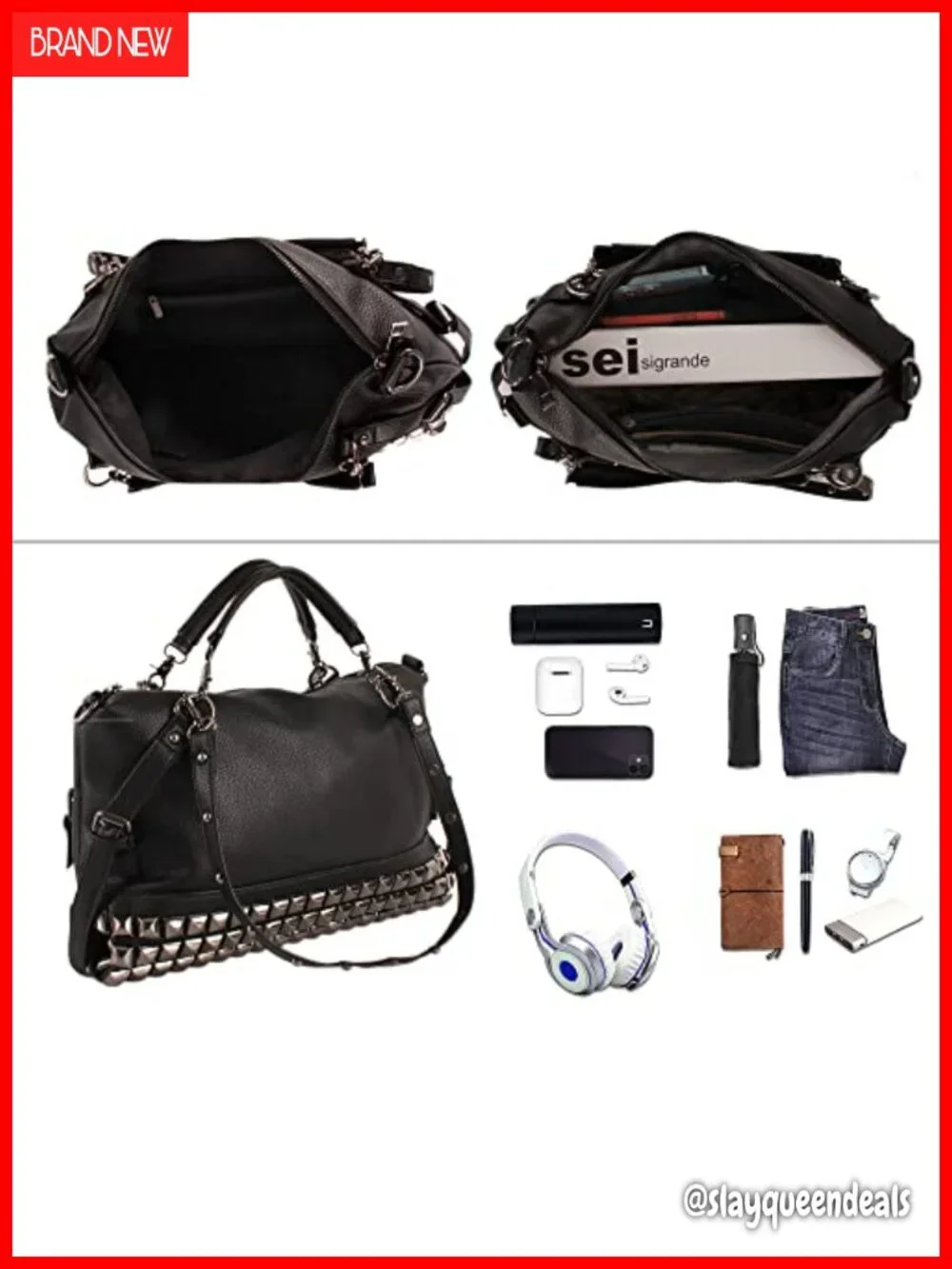 Punk Rivet Hobo Handbag for Women Large Crossbody Purse Faux Leather Top Handle